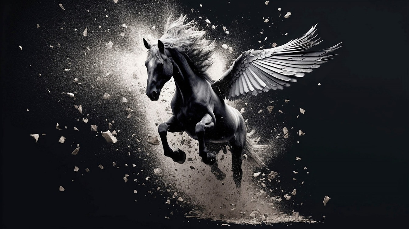 Mystique mythology black fantasy Pegasus jumping