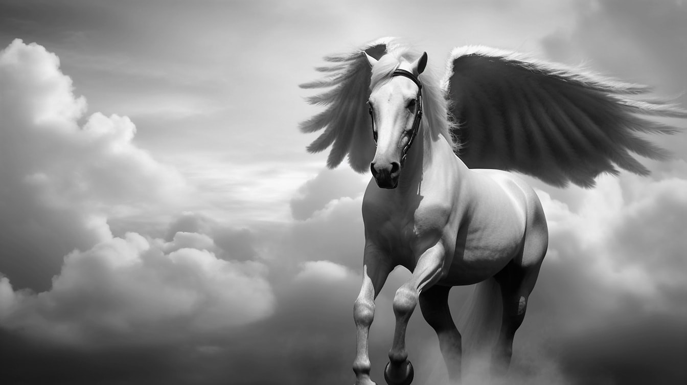 Monokrom illustrasjon av hvit Pegasus i himmelen