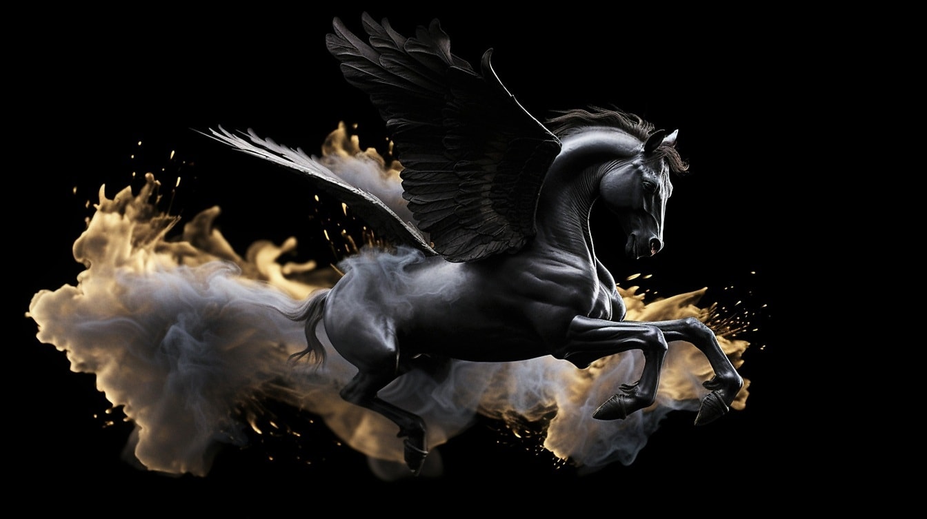 Ilustração majestosa da mitologia Pegasus na fumaça branca