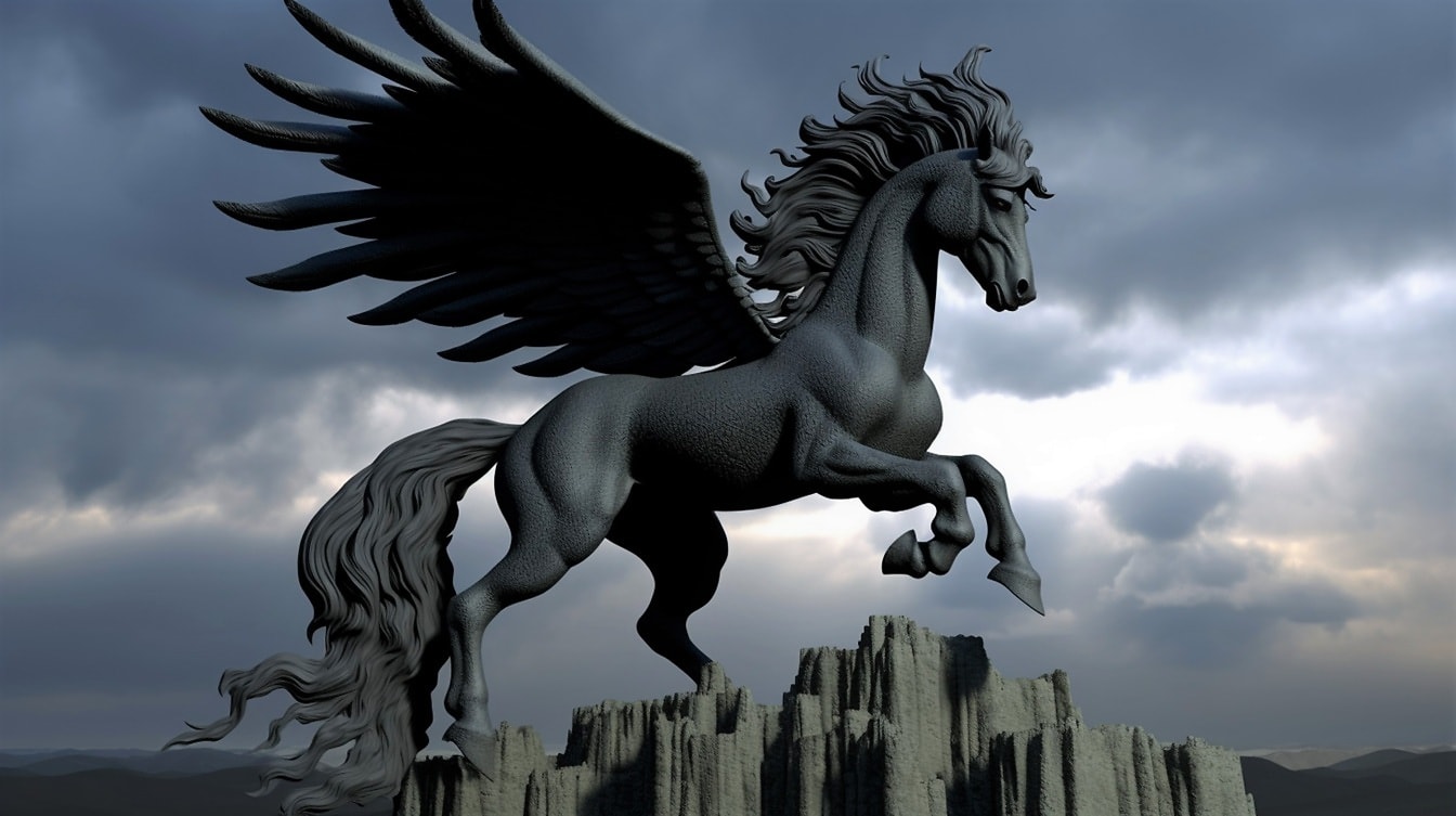 Model obiect 3D randare gri Pegasus pe piatră