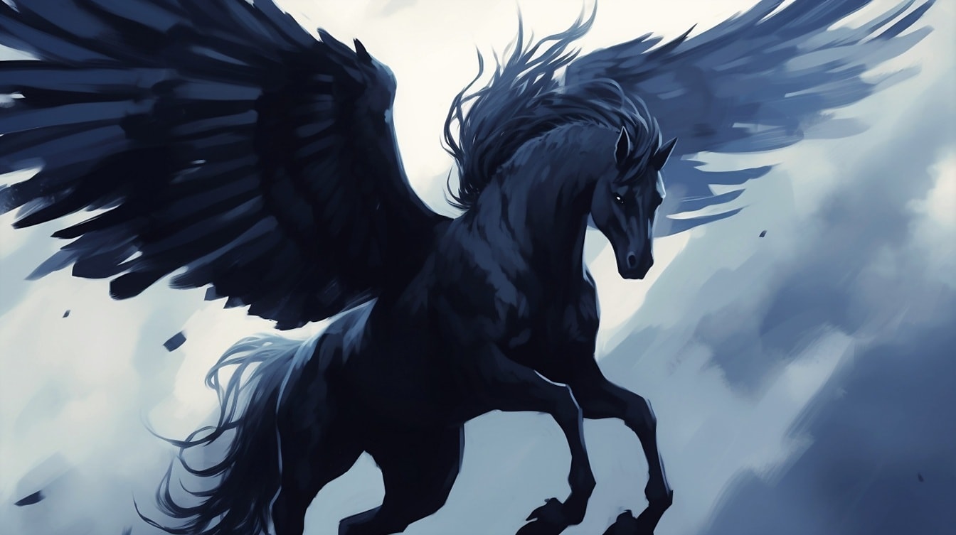 Ilustrácia lietajúceho čierneho žrebca Pegasus