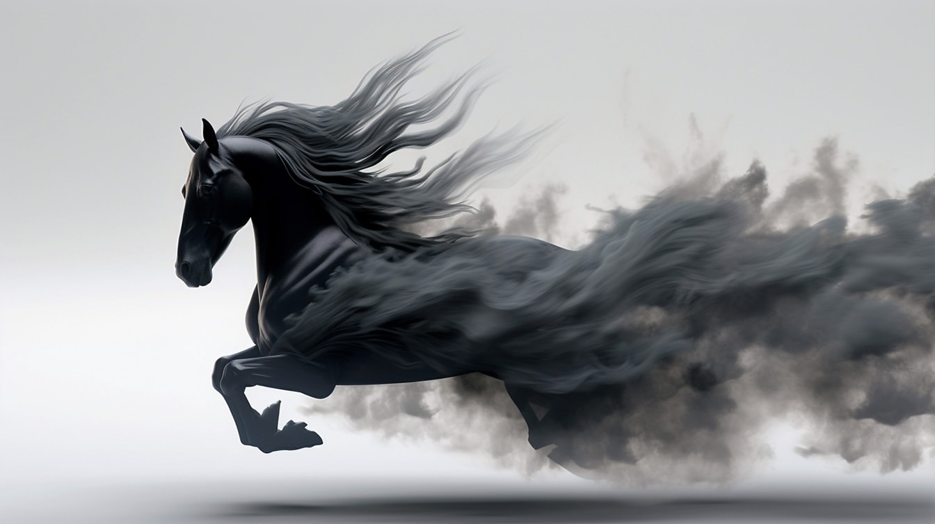 Черная фэнтезийная лошадь, бегущая в дыму