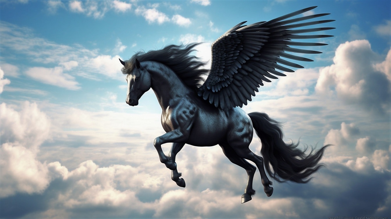 Mytologiillustration av Pegasus som flyger i himlen