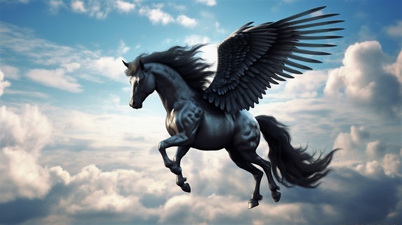 Mitološka ilustracija Pegaza kako leti nebom
