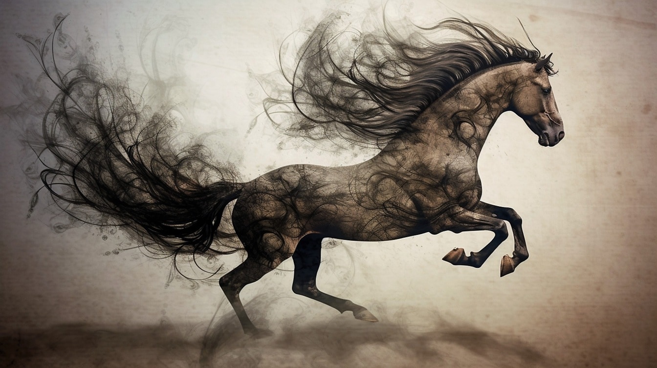 Художественная монохромная фантазийная зарисовка бега на лошадях