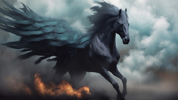 Zwarte Pegasus met donkergroene vleugels die in vuur lopen