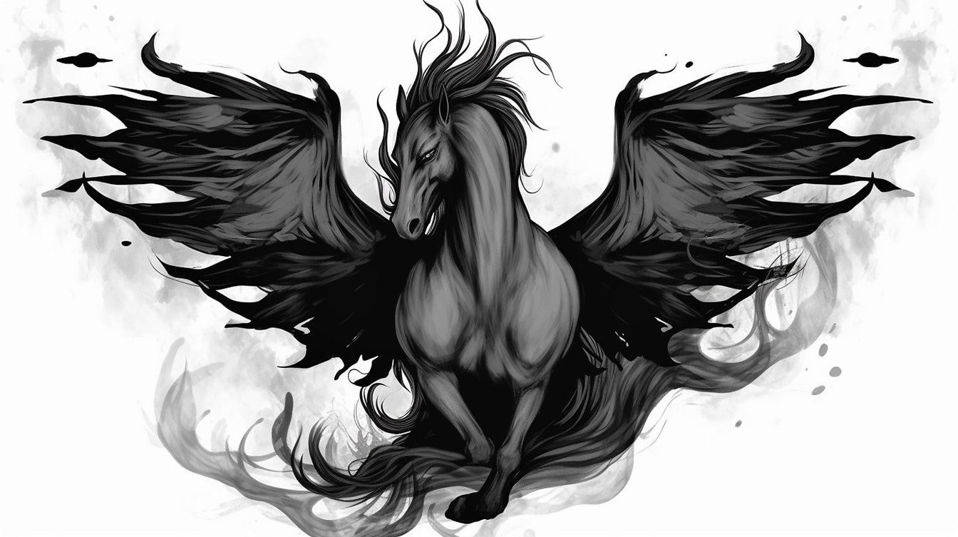 Svartvit skräck mörk konst fantasi Pegasus illustration