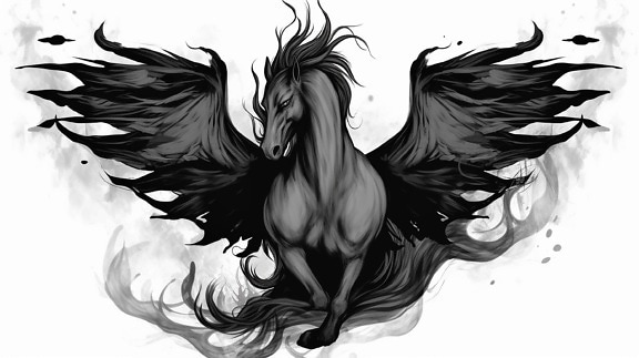 Illustrazione di Pegaso fantasy dark art horror in bianco e nero