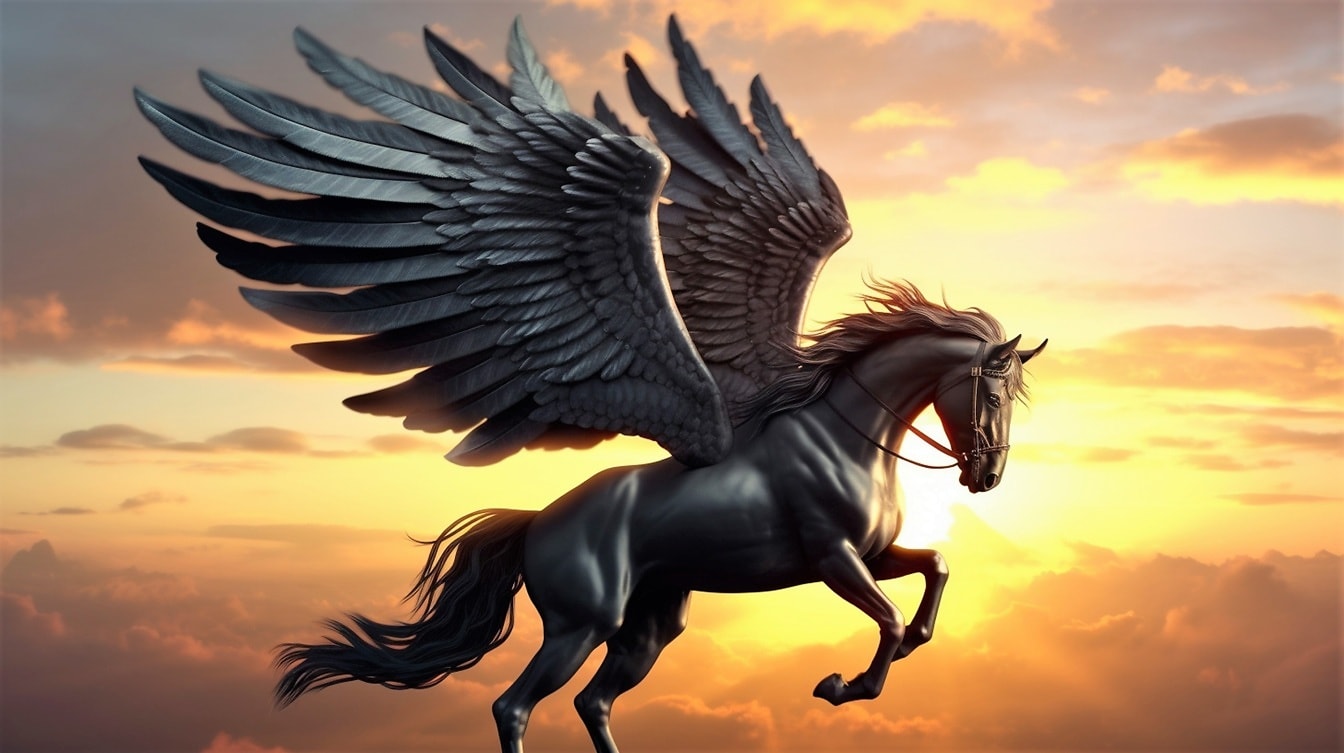 Majestátna fantázia Pegasus lietajúci na oblohe so západom slnka v pozadí