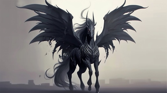 Donkere horror Pegasus met hoornenillustratie