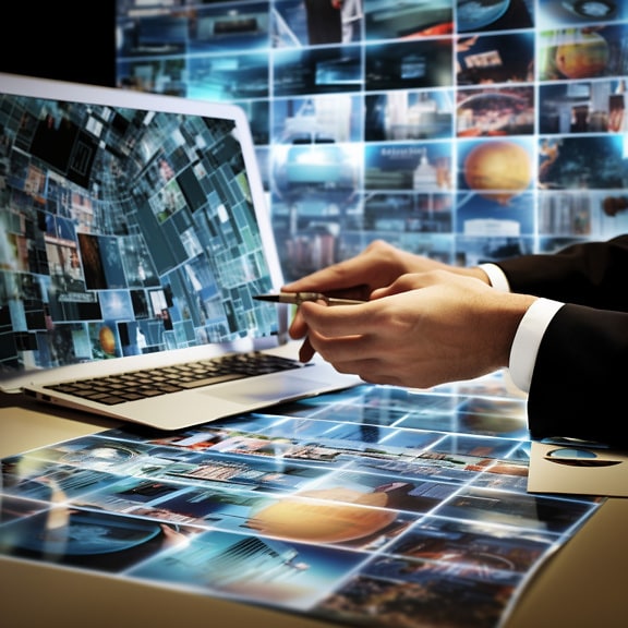 Illustration of hands of businessman and internet multimedia