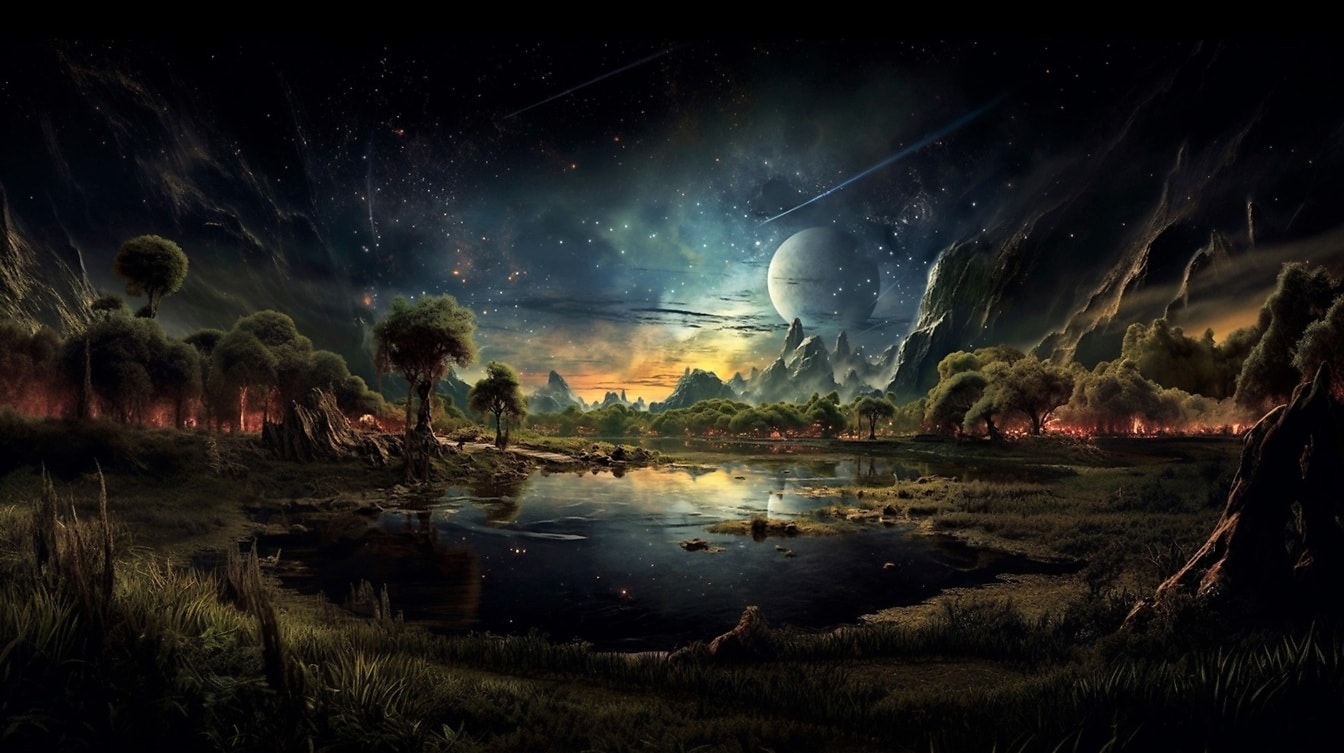 Fantasia única mística noite paisagem lunar