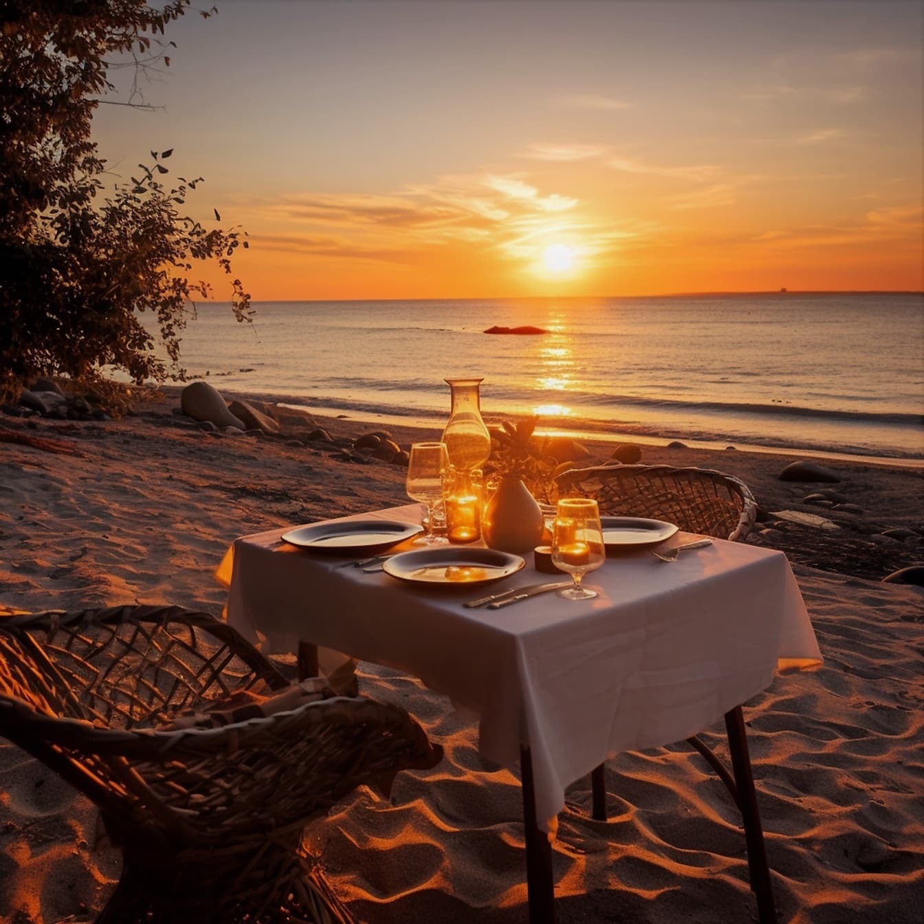 Romantisk middagsbord ved smuk strand i solnedgang