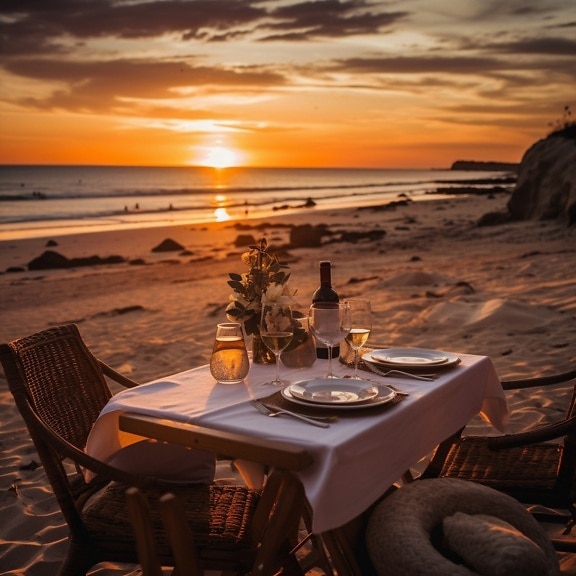海滩上浪漫的餐桌，配有椅子和白葡萄酒