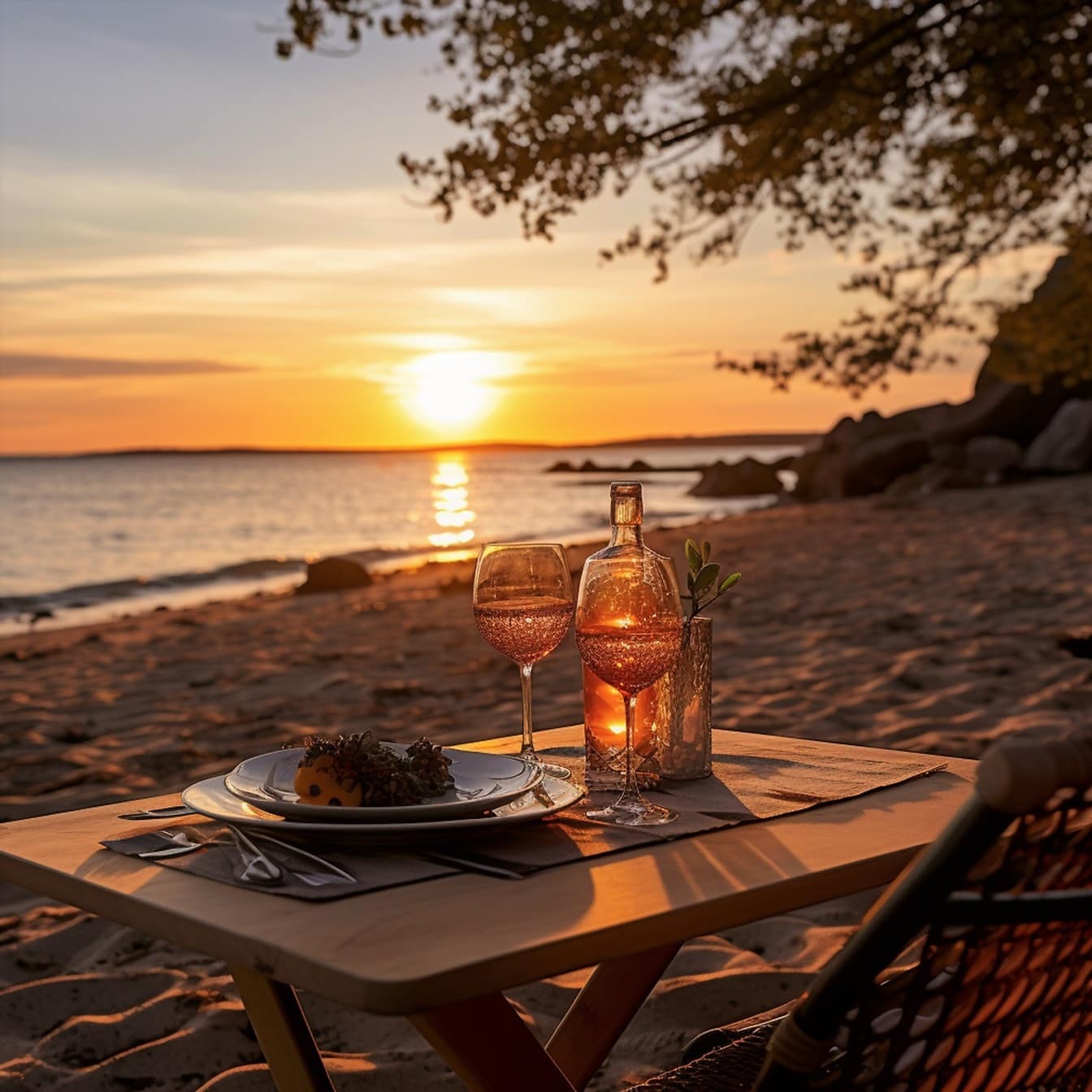 Romantische eettafel met witte wijn aan het strand in zonsondergang