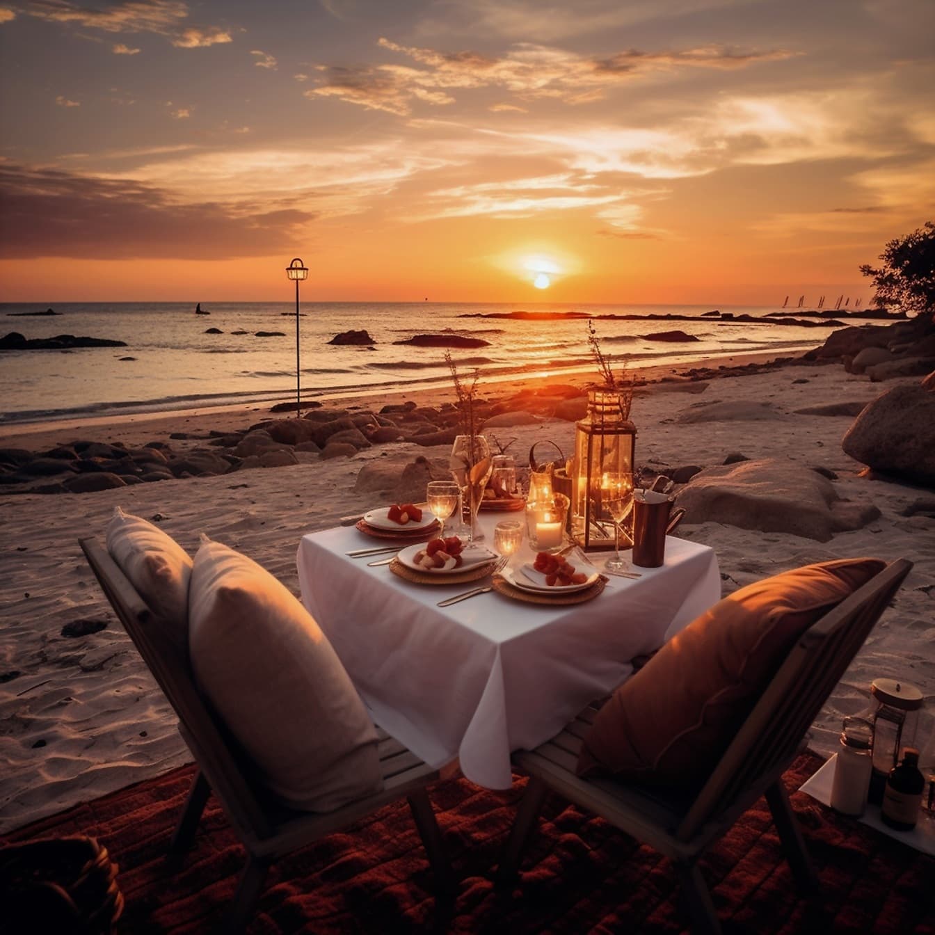 Романтична маса за вечеря, разположена на брега на морето по залез слънце