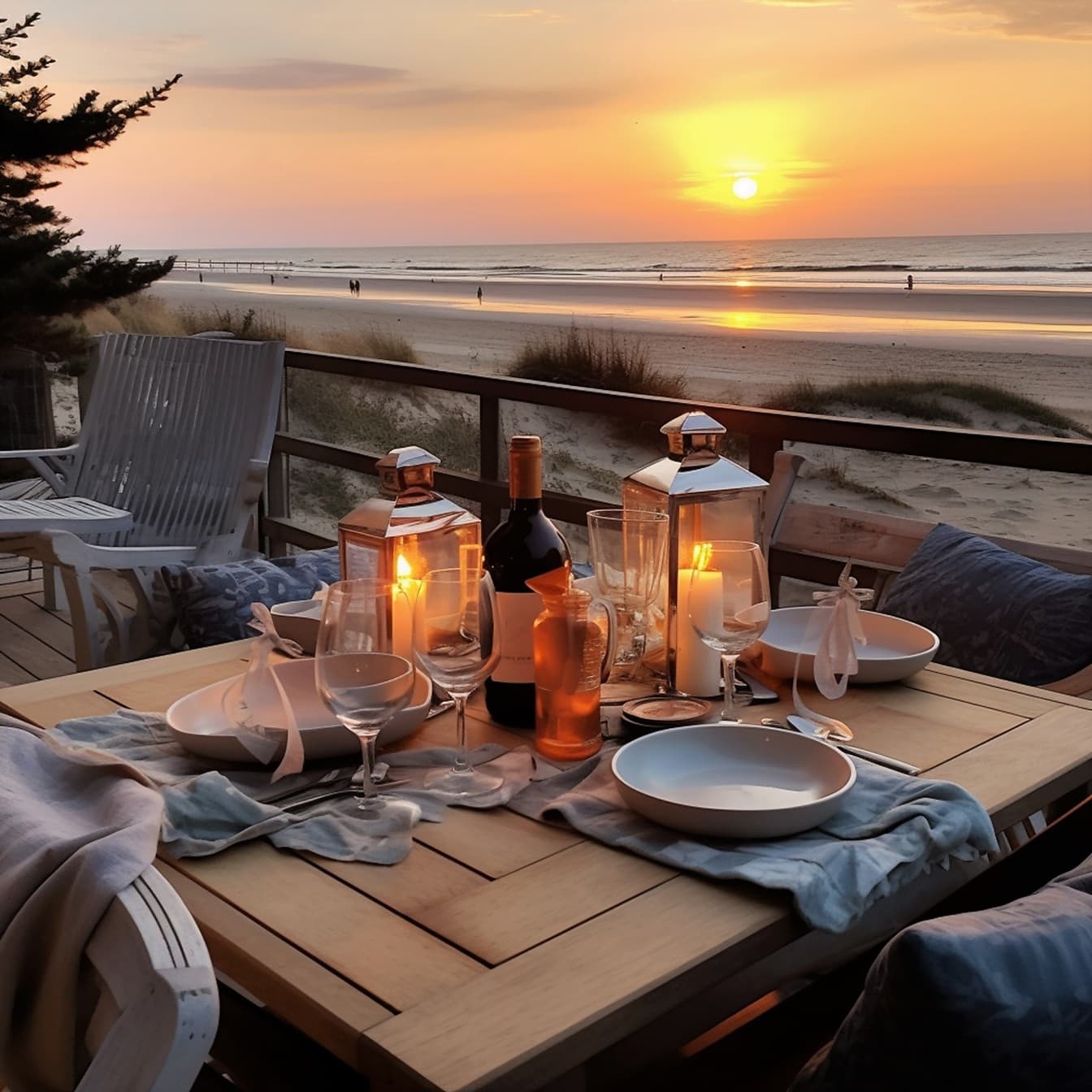 Mesa de jantar romântica com vinho tinto e velas no restaurante à beira-mar