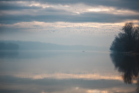 Foggy twilight on Danube river horizon