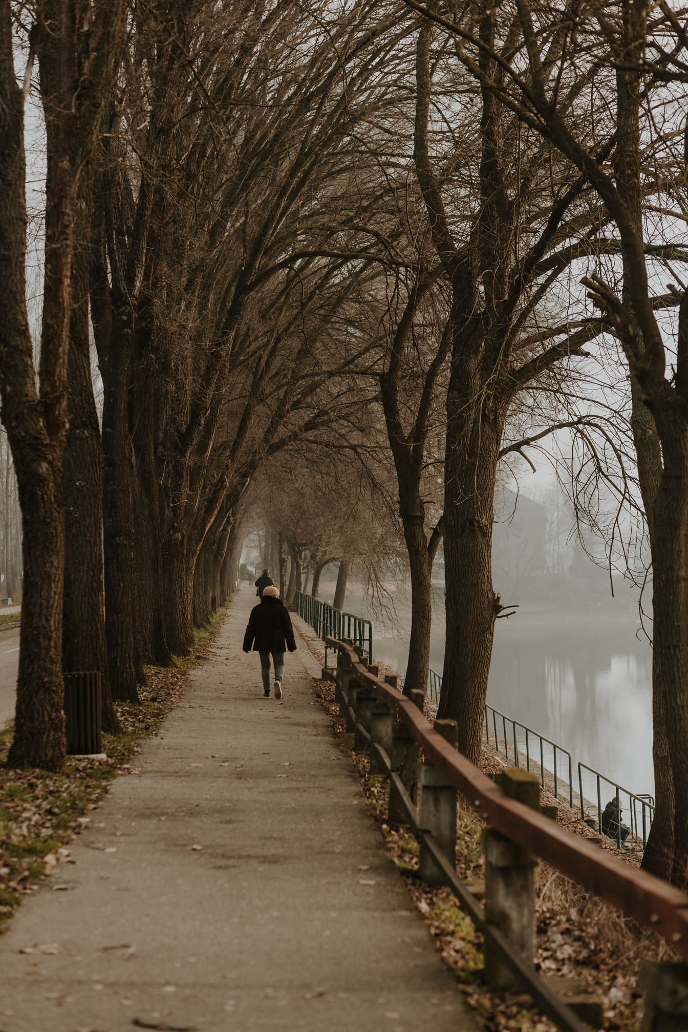 Pedestre caminhando em beco à beira do lago nebuloso