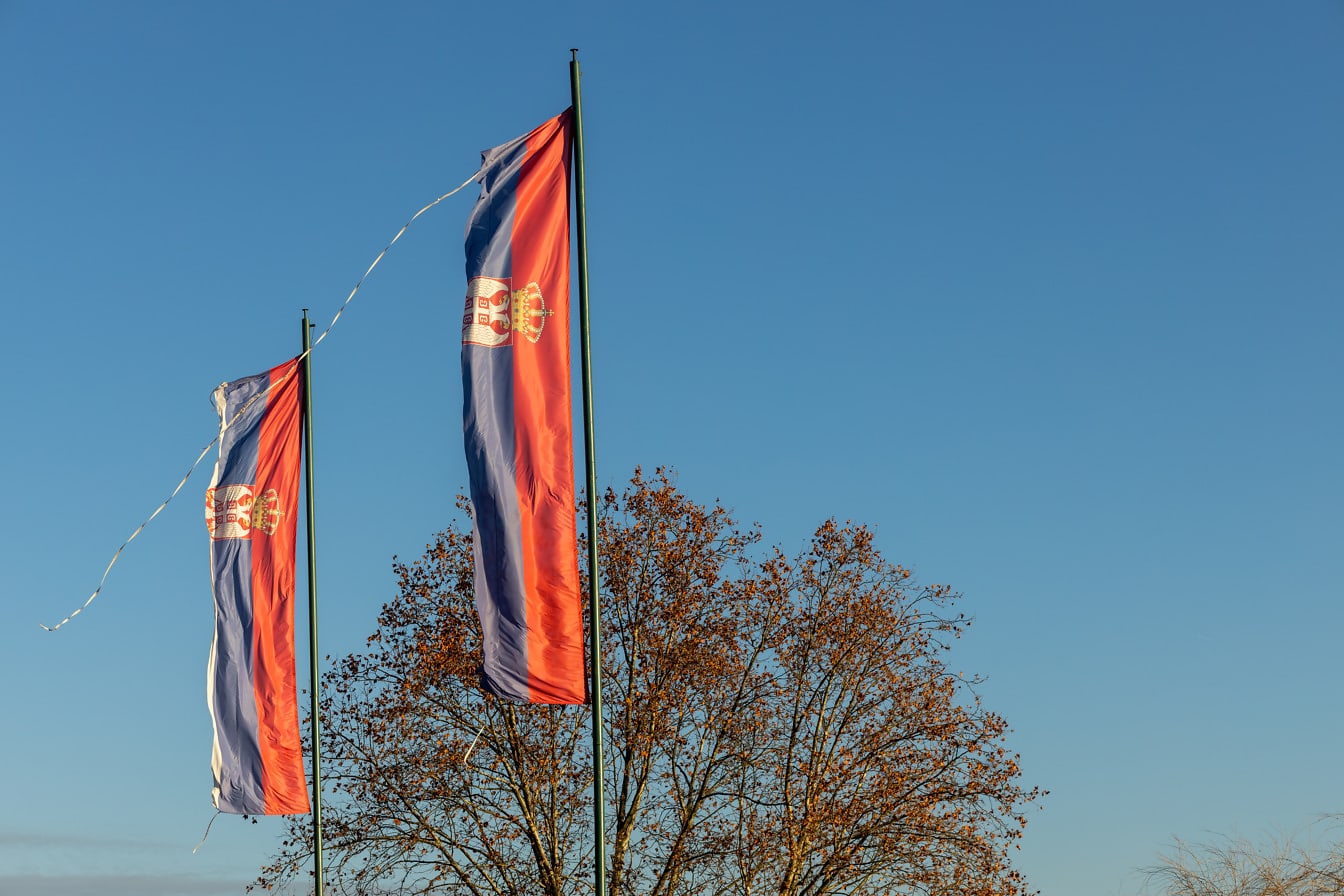 Bandeiras velhas da república democrática da Sérvia no poste de metal