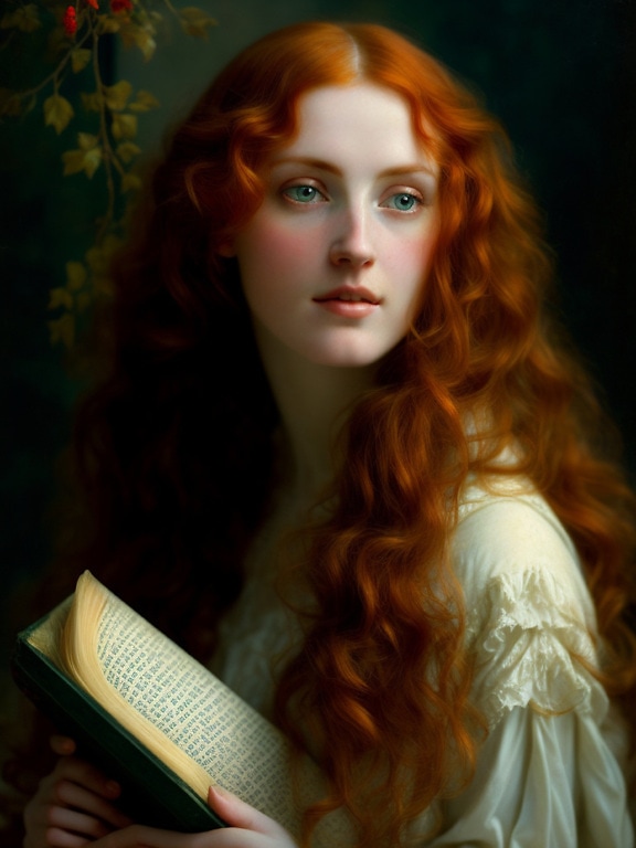 Pre – Retrato de fantasía rafaelita de una niña bonita que se lee con anticipación