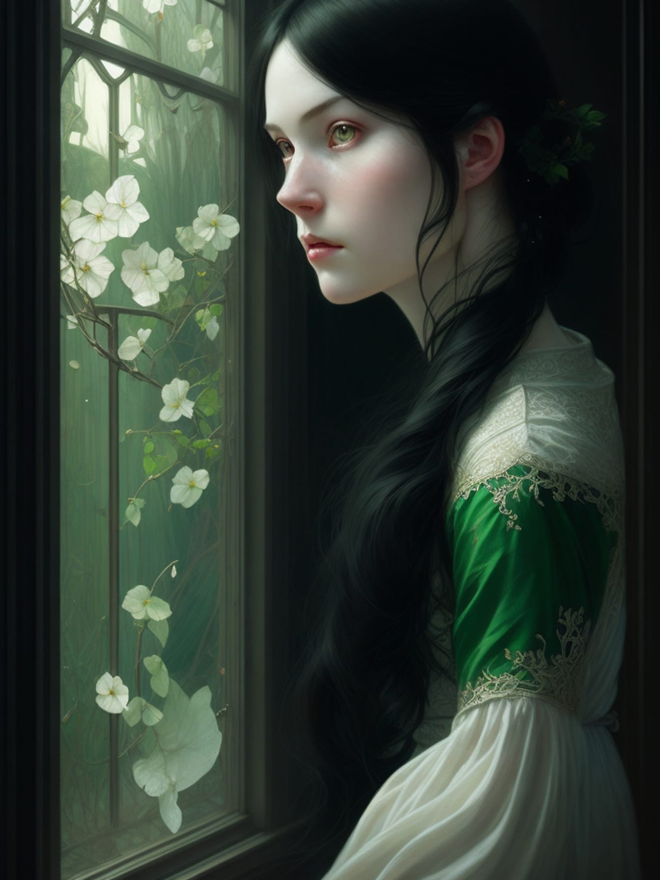 Фентезійний портрет середньовічної симпатичної дівчини з довгим чорним волоссям