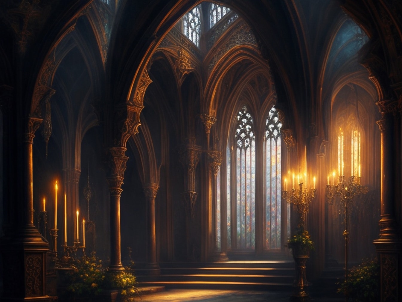 Interiér gotické katedrály s ilustrací při svíčkách