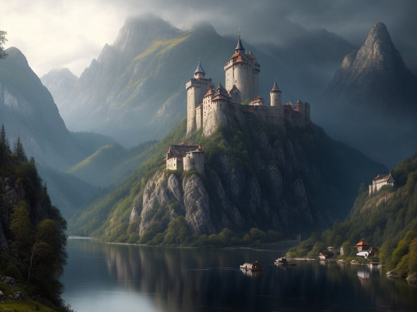 Fantasy medieval white castle in mountains by lakeside