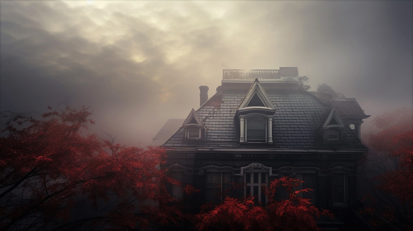 Old style household in fog in autumn season illustration