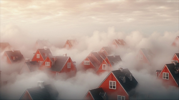 Aerial photo of rustic old style red houses in fog