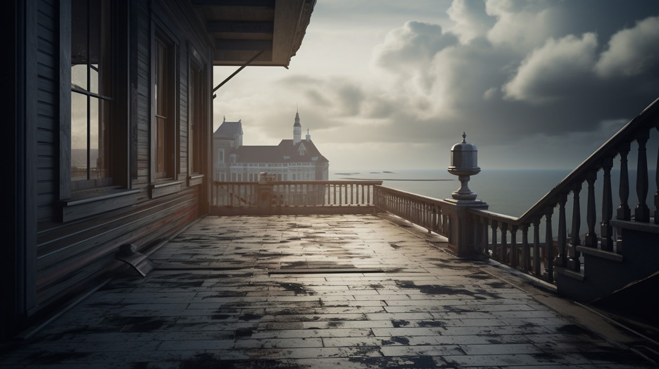 Панорамний вид з тераси будинку на березі моря