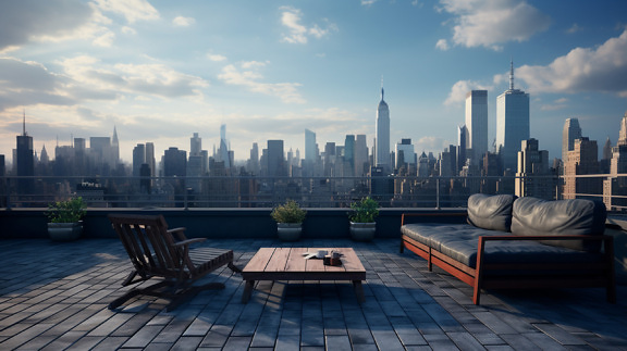 на даху, балкон, комфортно, розкіш, дивані, дерев'яні, крісло, сучасні