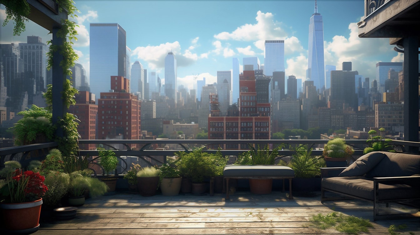 Metropolisz panoráma illusztrációja erkélyről