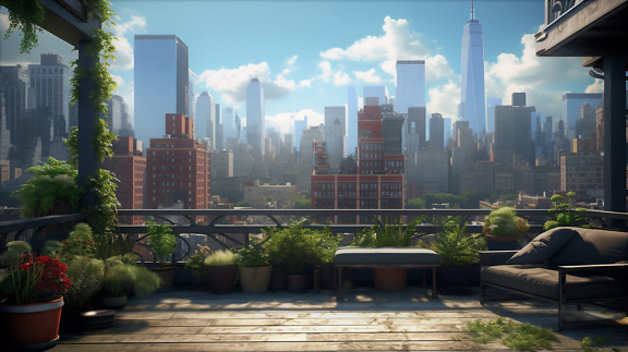 Illustration of metropolis panorama from balcony