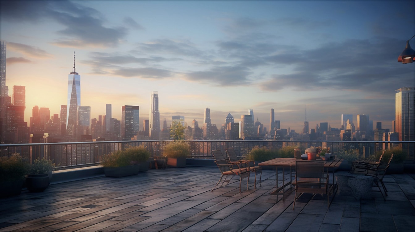 Fotomontáž panoramatu metropole ze střešního balkonu