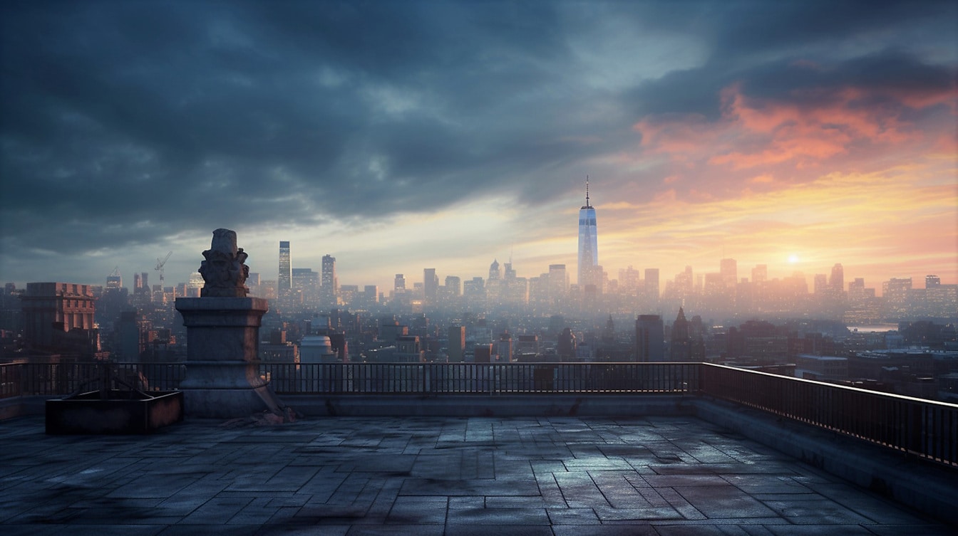 Pemandangan panorama kota metropolitan saat senja dari teras atap