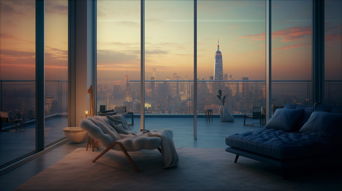 Komfortabelt luksusleilighetsinteriør med panoramautsikt over bybildet