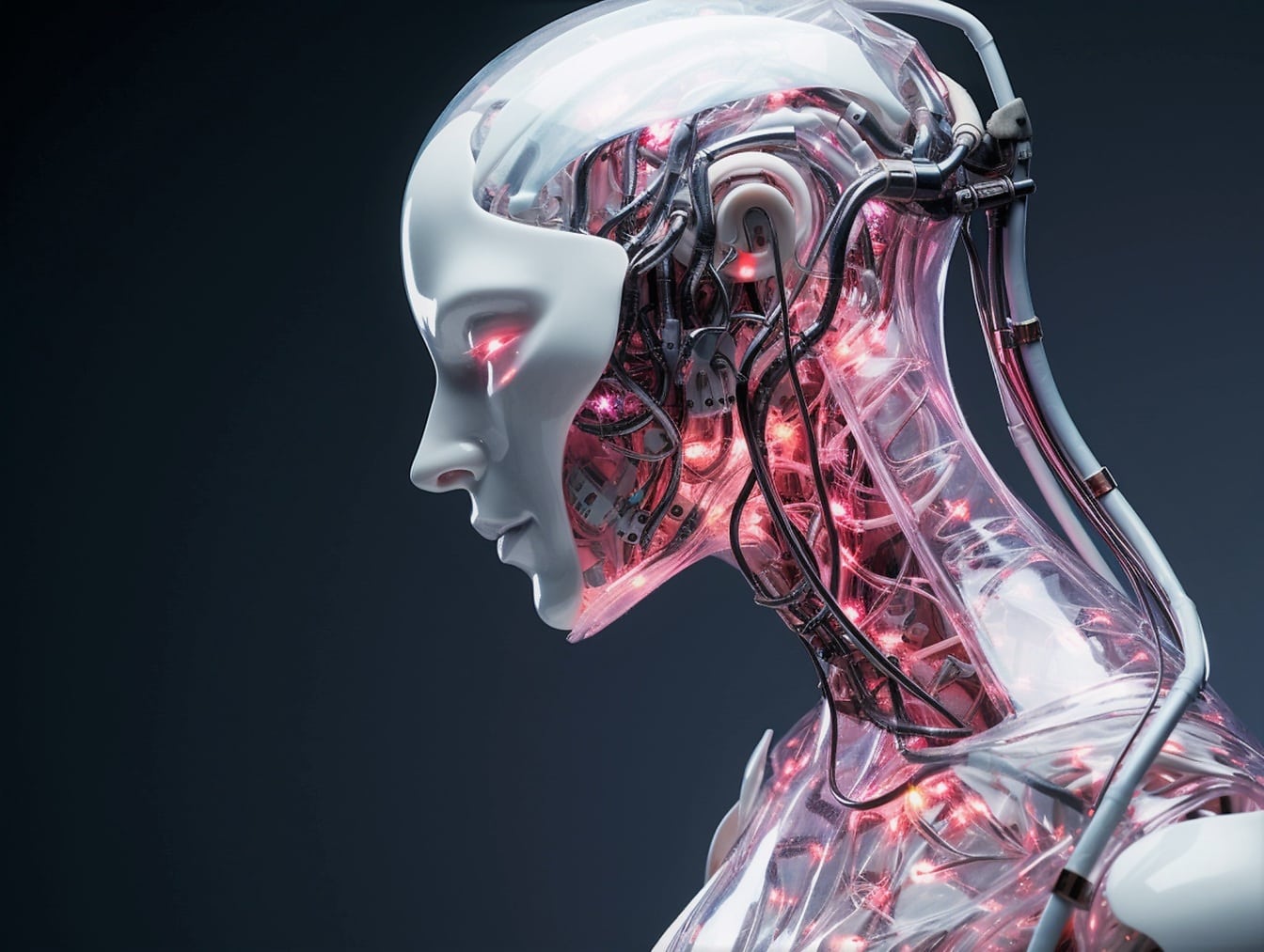 Вид сбоку портрета человекоподобного робота с искусственным интеллектом