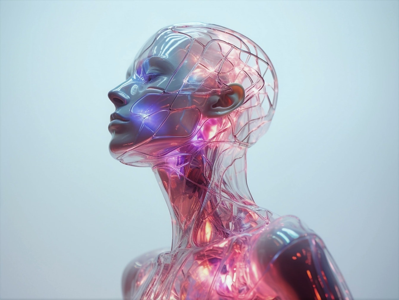 Glänsande transparent humanoid robot med artificiell intelligens