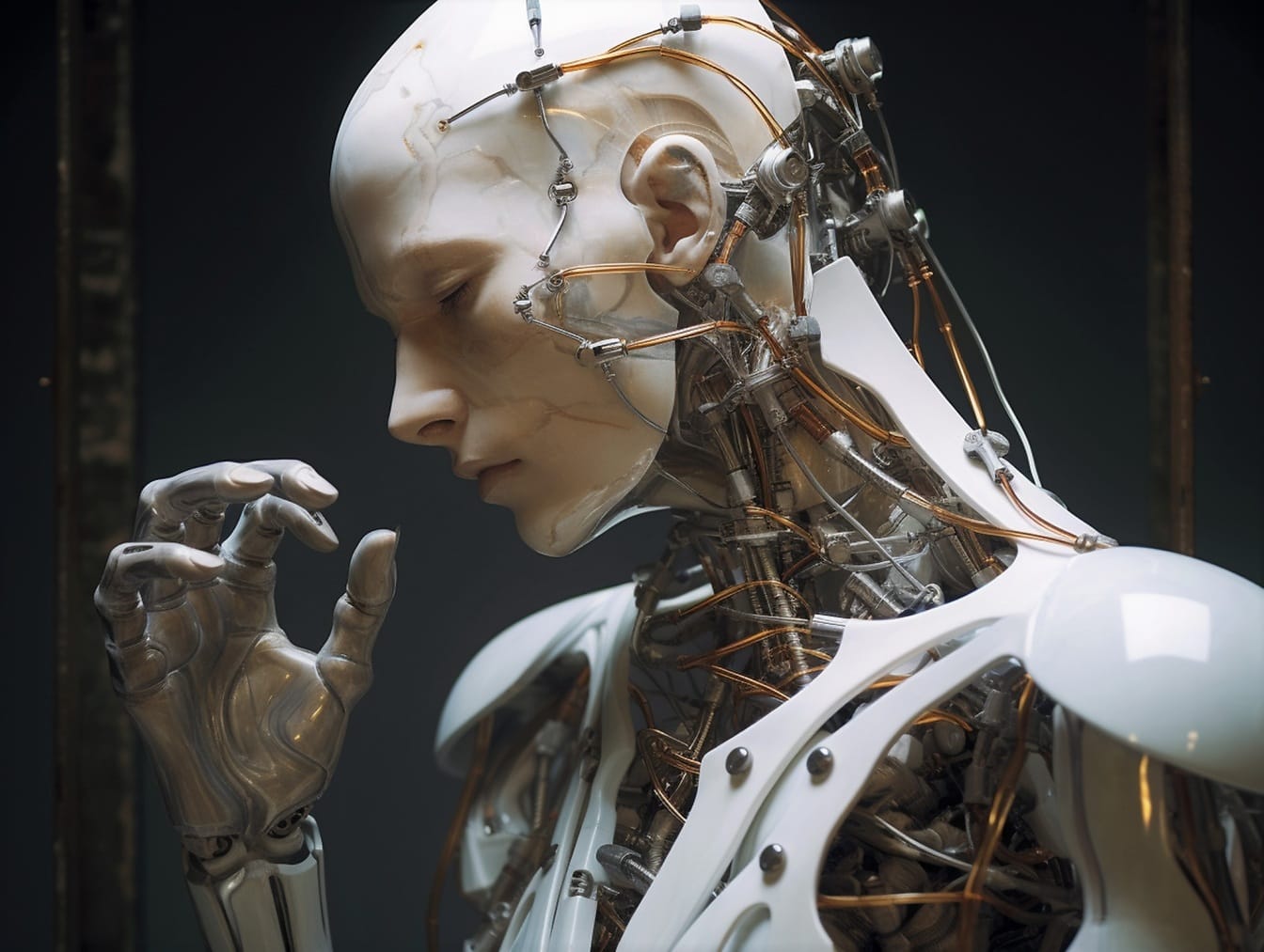 Béžový humanoidní robot s umělou inteligencí