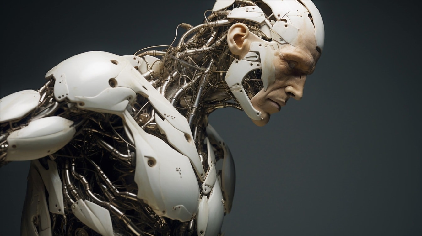 Interaktivní humanoidní kyborg robotický portrét hlavy a trupu