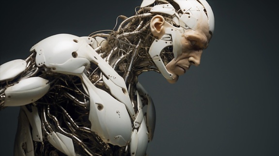 Interactive humanoid cyborg robot portrait of head and torso
