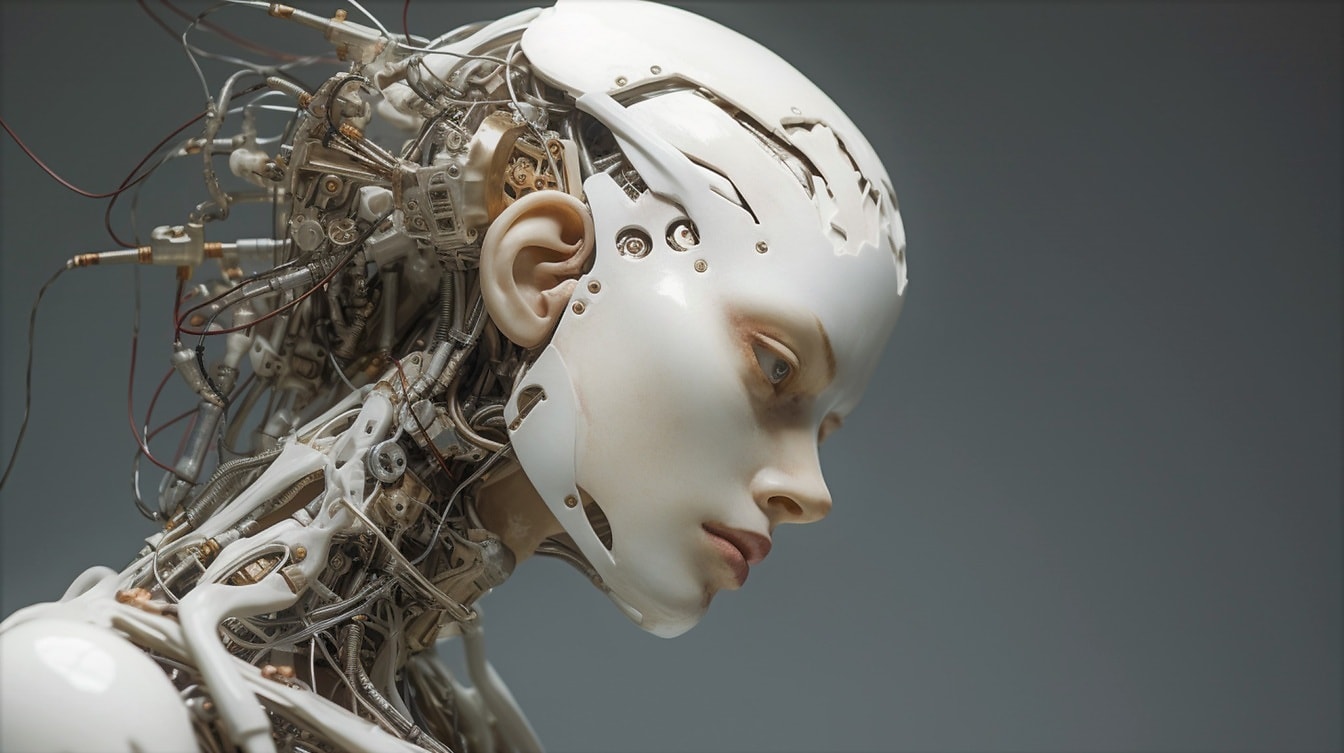 Detailní portrét hlavy humanoidního robota s umělou inteligencí