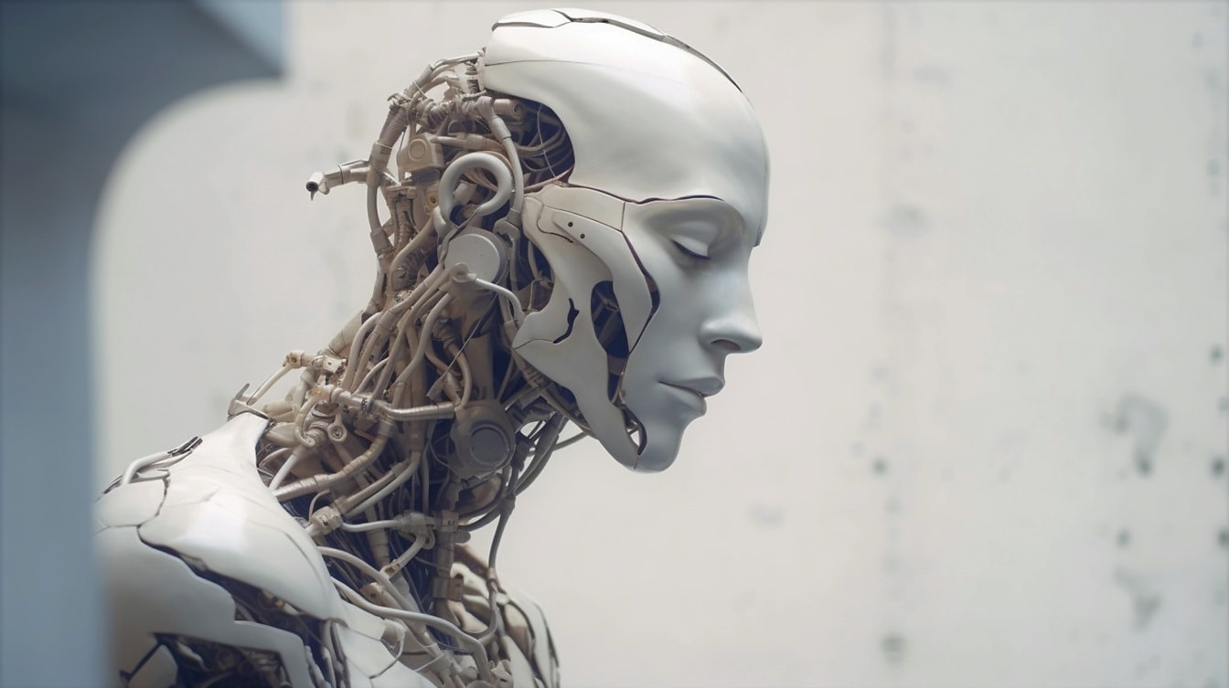 Detailní záběr na hlavu humanoidního kyborgského robota