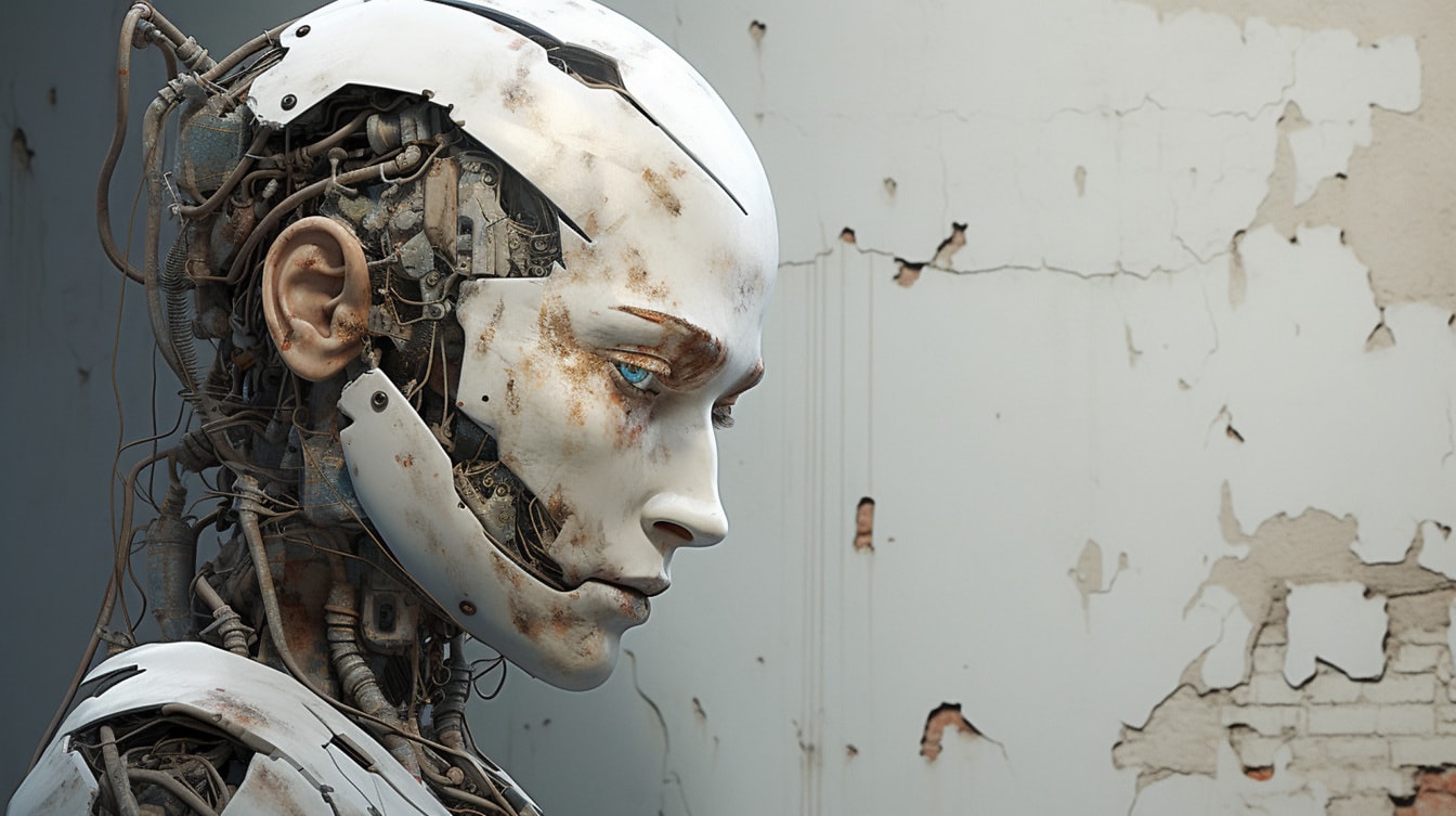 Retrato do robô humanióide ciborgue enferrujado da decadência