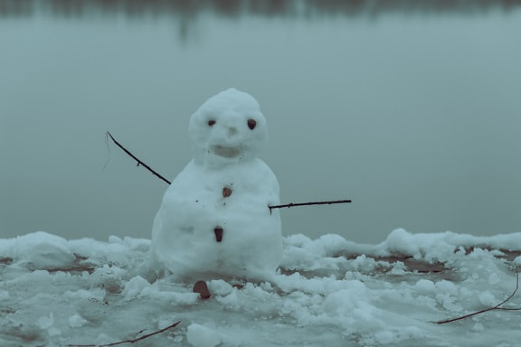 Funny snowman on ice in foggy winter afternoon