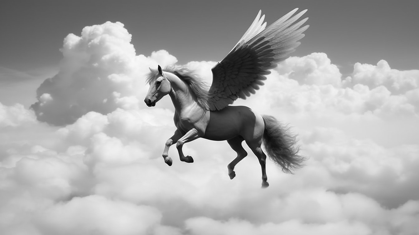 Монохромная иллюстрация белого Пегаса, летящего на небесах