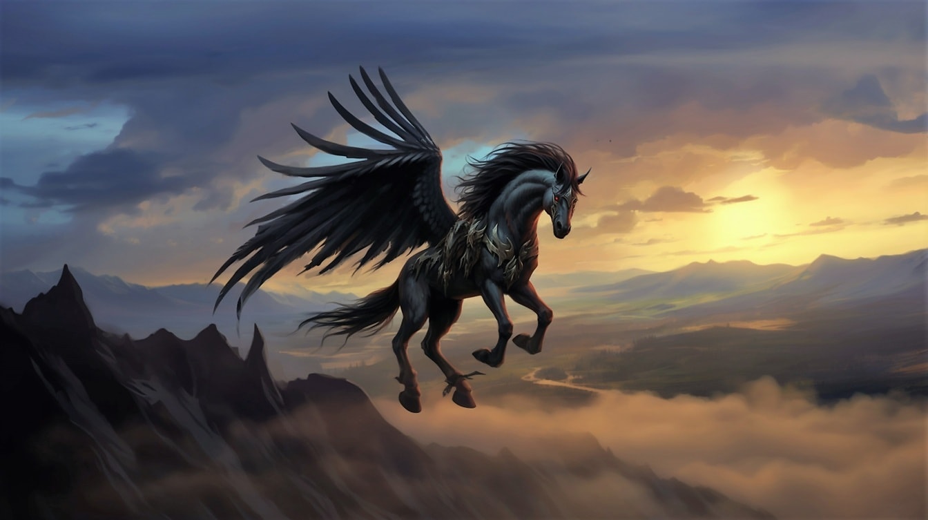 Black horror Pegasus flyover foggy mountain peak