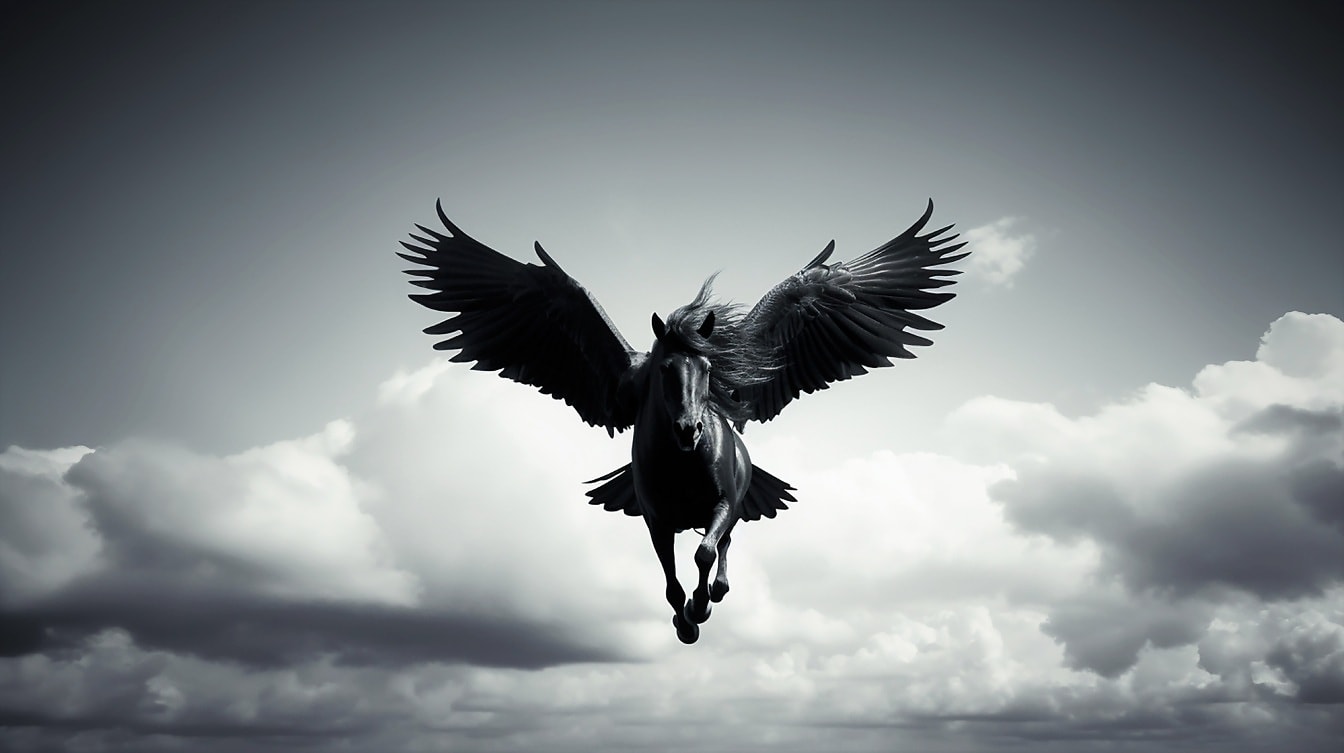 Sinh vật thần thoại Pegasus đen bay trên bầu trời