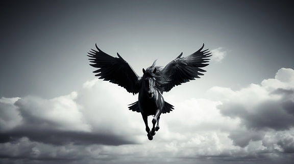 Mythologie-Kreatur schwarzer Pegasus fliegt am Himmel